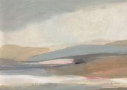 Abstract painted landscape with muted hills, grey sky and a pink horizon line