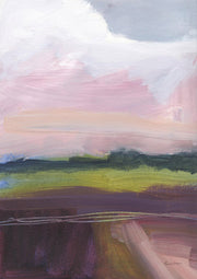 Abstract landscape painting with pink sky, green field and plum toned foreground