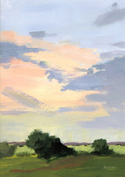 Painted landscape with a soft pastel sky over green fields and tree silhouettes