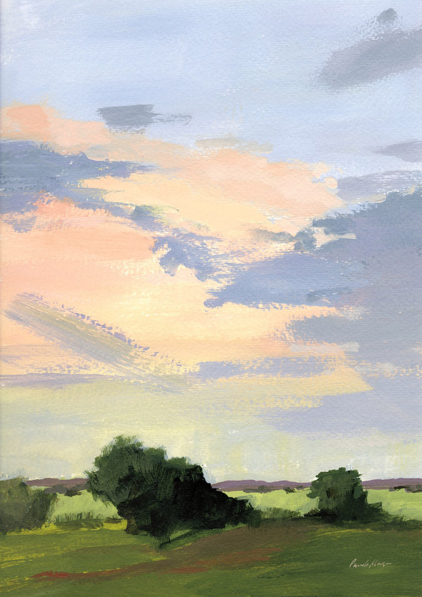 Painted landscape with a soft pastel sky over green fields and tree silhouettes