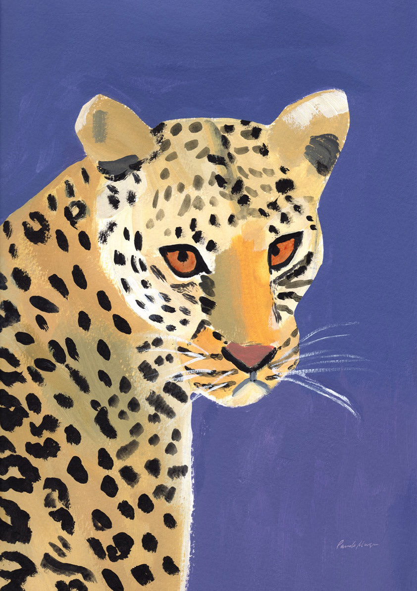 Painted leopard head and shoulders portrait on a blue background