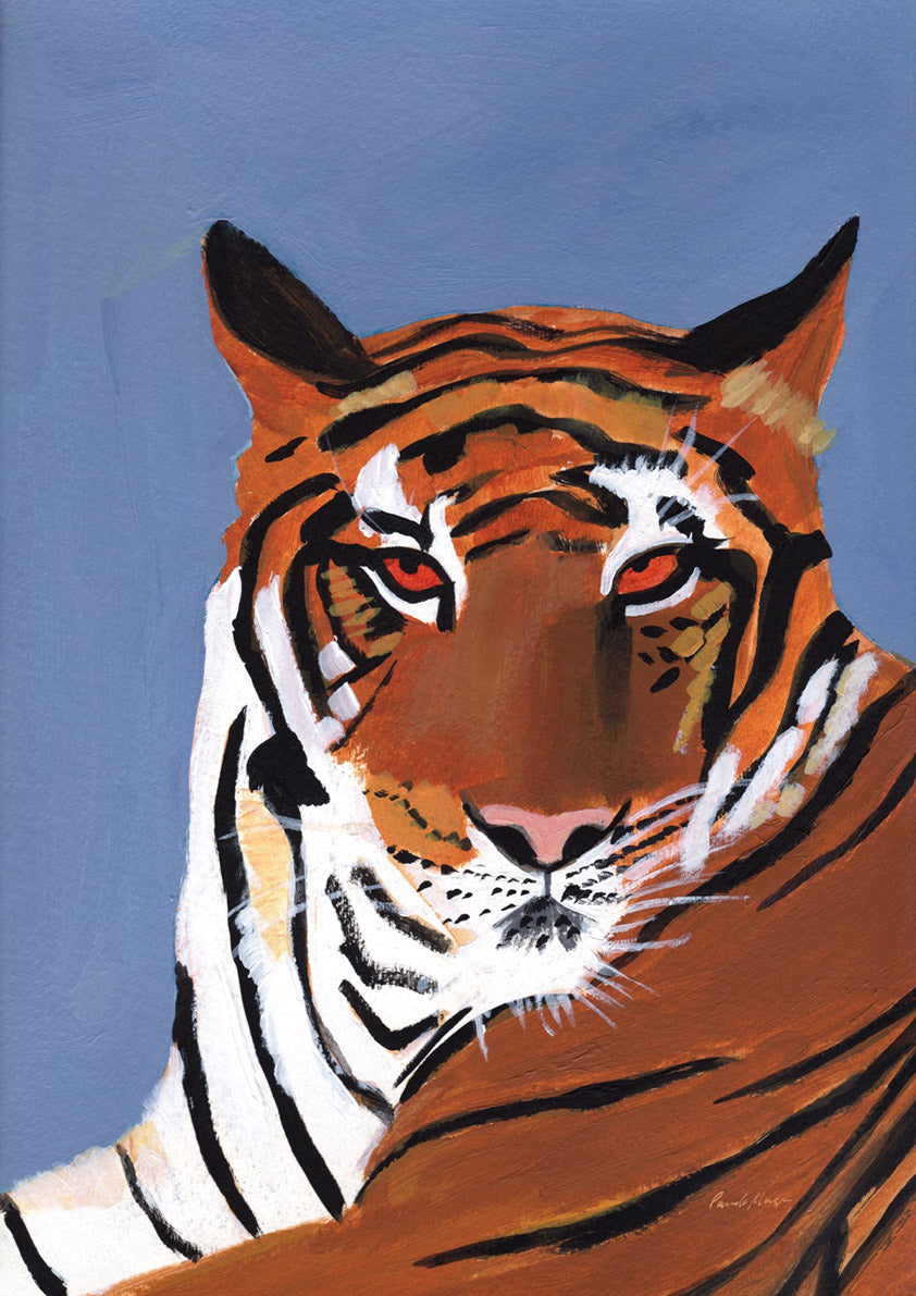 Close-up painted portrait of a tiger with bold stripes, red eyes and a blue background