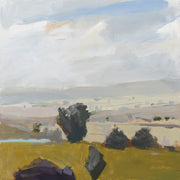 Painterly landscape of a valley with dark trees, olive fields and a soft cloudy sky