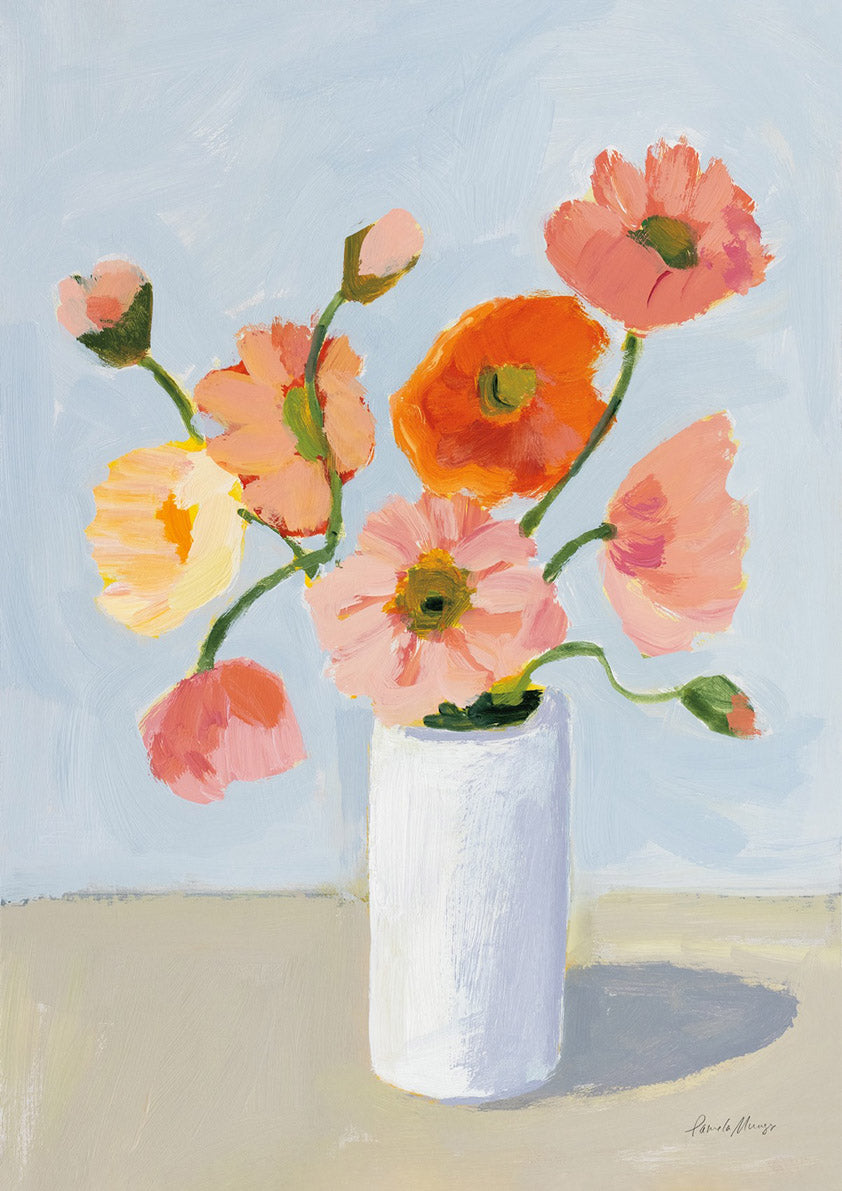 Painting of pink, orange and yellow poppies in a white vase against a pale blue background