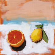 Painting of a halved blood orange and a lemon on white cloth with terracotta and blue background