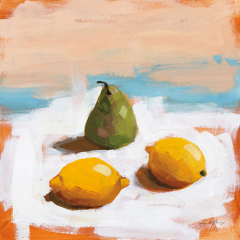 Painting of two lemons and a pear on white cloth with peach and blue background