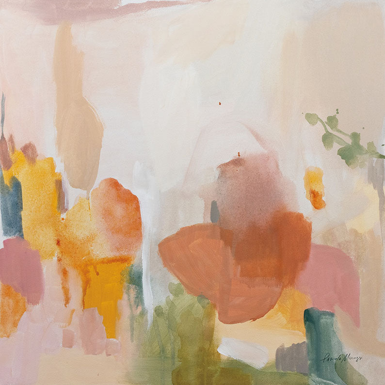 Abstract painting with warm coral, yellow and sage brush strokes on a cream ground