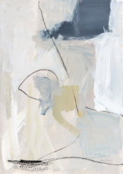 Abstract painting with charcoal lines, cream and taupe brushstrokes, and a slate block accent