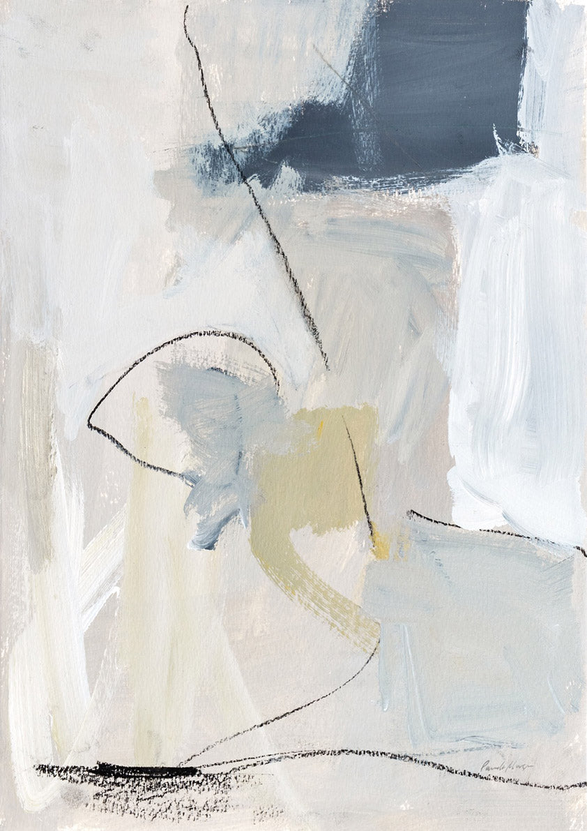 Abstract painting with charcoal lines, cream and taupe brushstrokes, and a slate block accent