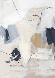 Abstract painting in neutral tones with charcoal brush strokes and fine linear marks