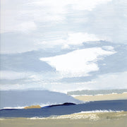 Abstract landscape painting with pale blue sky, white clouds and a navy horizon over taupe ground