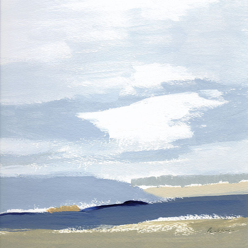 Abstract landscape painting with pale blue sky, white clouds and a navy horizon over taupe ground