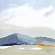 Painting of muted blue-grey mountains under a hazy sky with a navy and orange horizon line