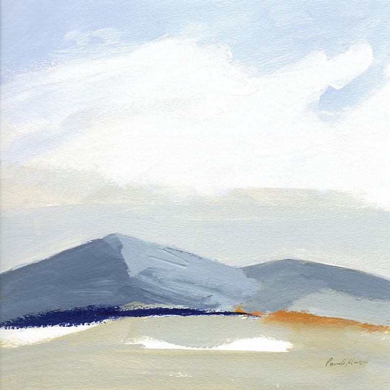 Painting of muted blue-grey mountains under a hazy sky with a navy and orange horizon line