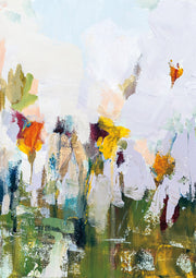 Abstract floral meadow painting with orange, yellow and burgundy blooms against a pale sky