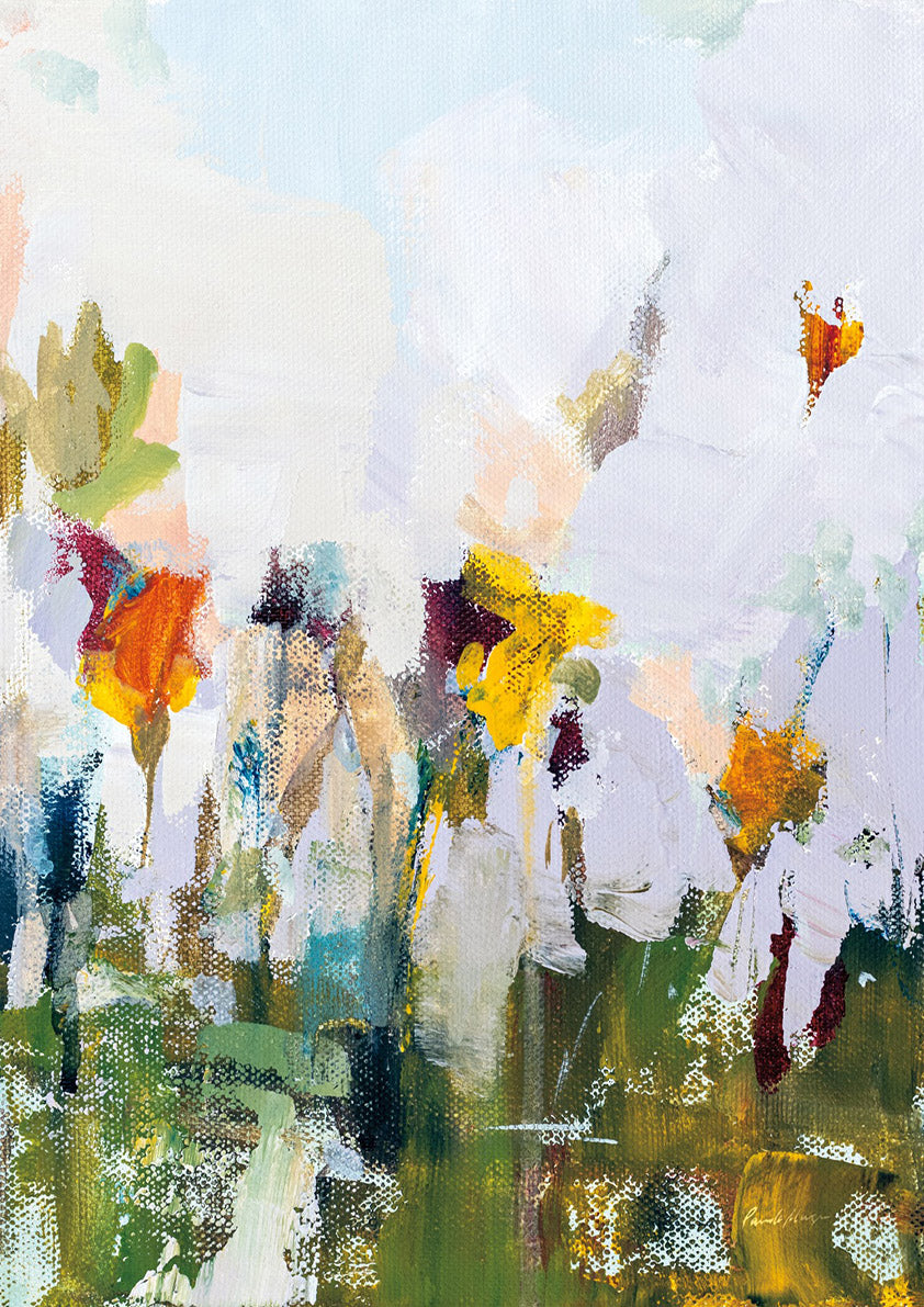 Abstract floral meadow painting with orange, yellow and burgundy blooms against a pale sky
