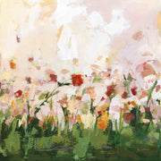 Abstract painting of wildflowers in a grassy field beneath a soft pastel sky