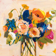 Loose painterly still life of a colourful flower bouquet in a vase