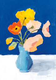 Painting of poppies in a turquoise vase against a deep blue background