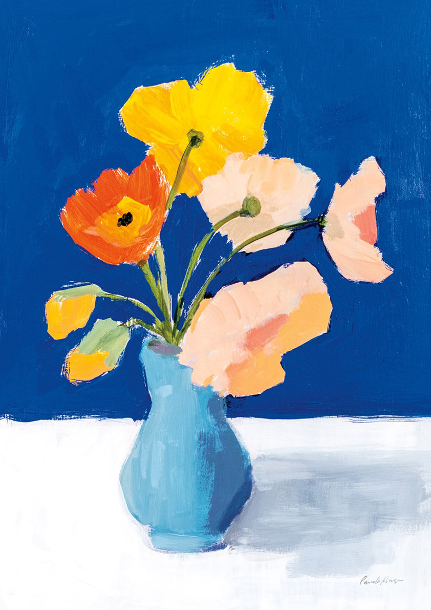 Painting of poppies in a turquoise vase against a deep blue background