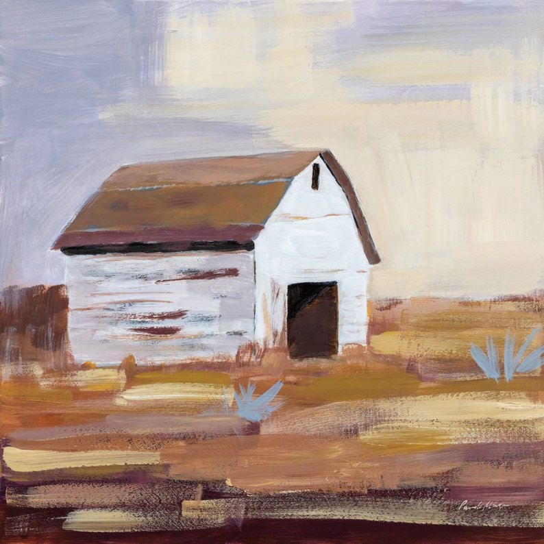 Painting of a white barn with brown roof in an ochre field under a pale lavender sky