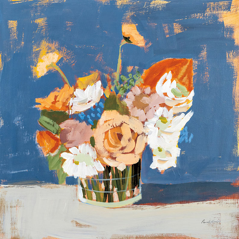 Painted still life of peach and white flowers in a vase against a blue background