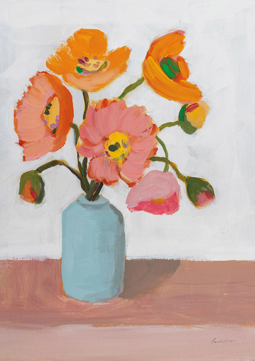 Painterly still life of orange and pink poppies in a pale blue vase on a terracotta table