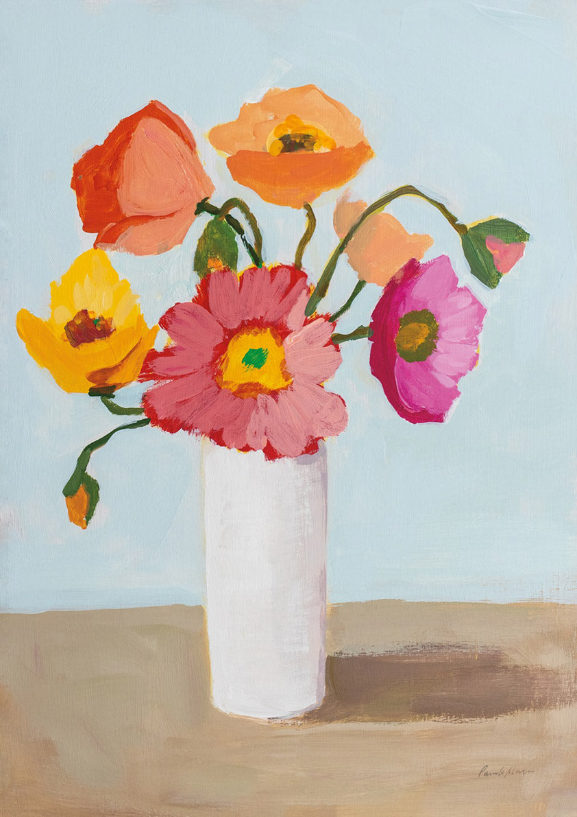 Still life painting of poppies in a white vase on a blue and brown background