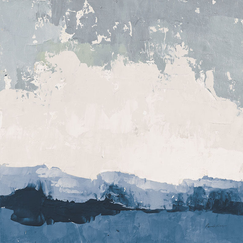 Abstract coastal landscape with textured grey, cream and indigo horizontal bands