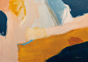 Abstract painting with gold, navy, blush pink and blue colour block shapes