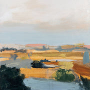 Abstract southwestern landscape painting with terracotta plateaus, pale sky and dark foreground trees