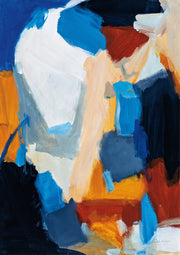 Abstract painting with bold blue, orange, red and charcoal color blocks and white highlights
