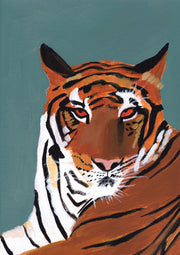Painted close-up portrait of a tiger's face with red eyes on a teal background.