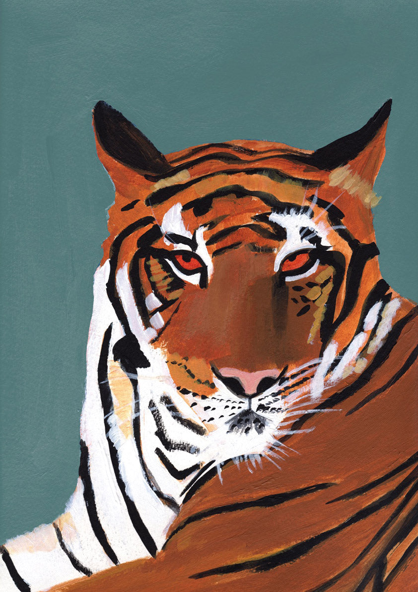 Painted close-up portrait of a tiger's face with red eyes on a teal background.