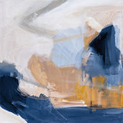 Abstract painting with navy, ochre and powder blue brushstrokes suggesting a riverbank landscape