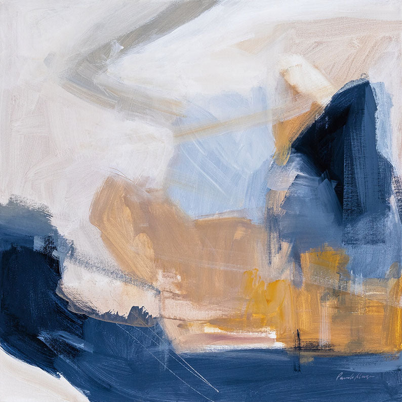 Abstract painting with navy, ochre and powder blue brushstrokes suggesting a riverbank landscape