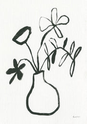 Black line drawing of a vase with flowers and leaves on a white background