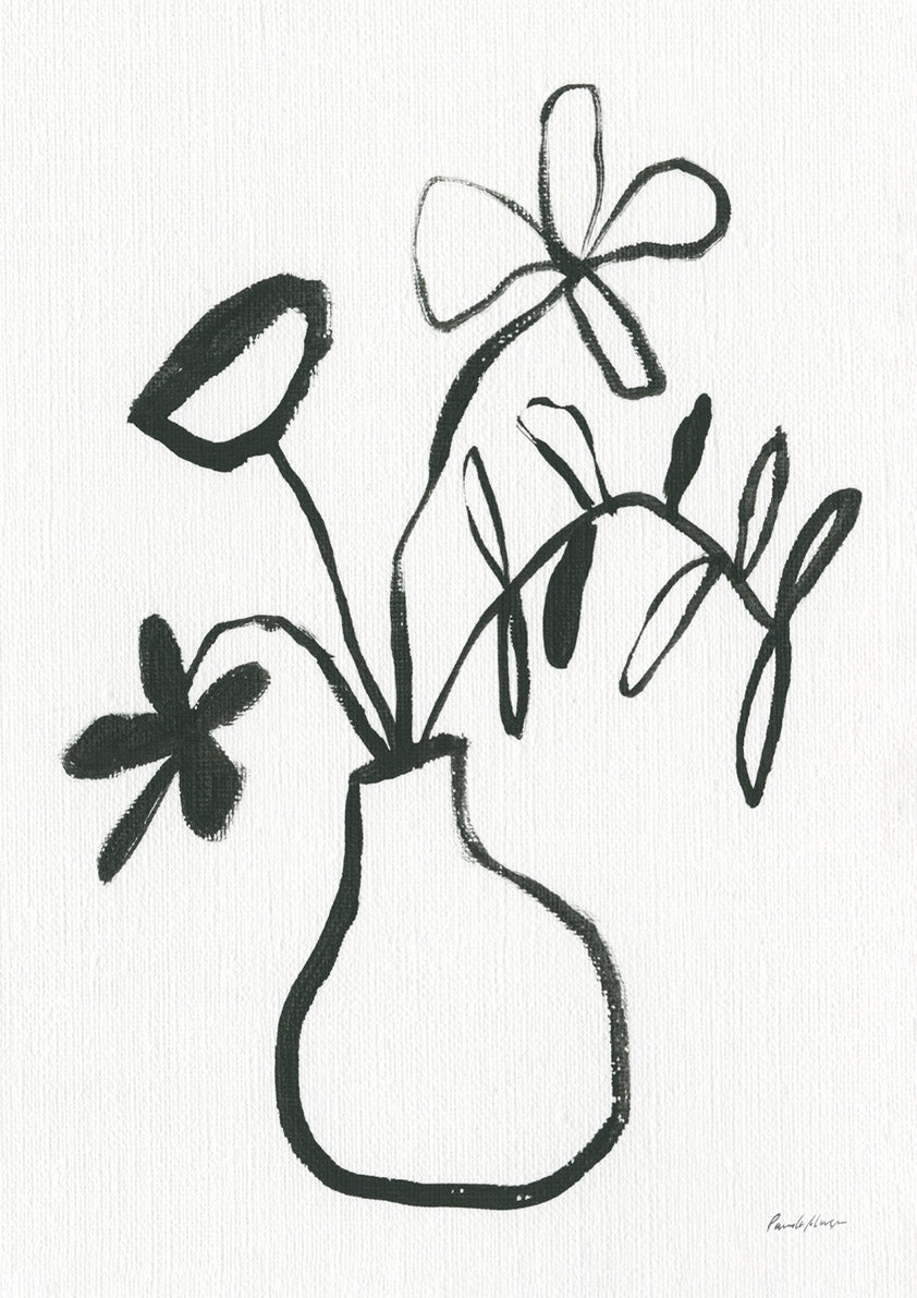 Black line drawing of a vase with flowers and leaves on a white background