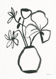 Black ink line drawing of a flower bouquet in a hexagonal vase on white background
