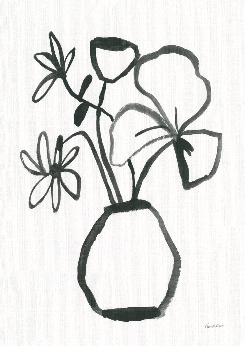 Black ink line drawing of a flower bouquet in a hexagonal vase on white background