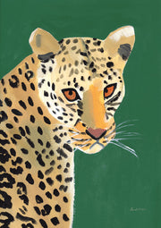 Painted leopard portrait with black spots and amber eyes against a solid emerald green background.