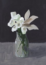 Painting of white flowers in a glass bottle against a dark background on a grey table