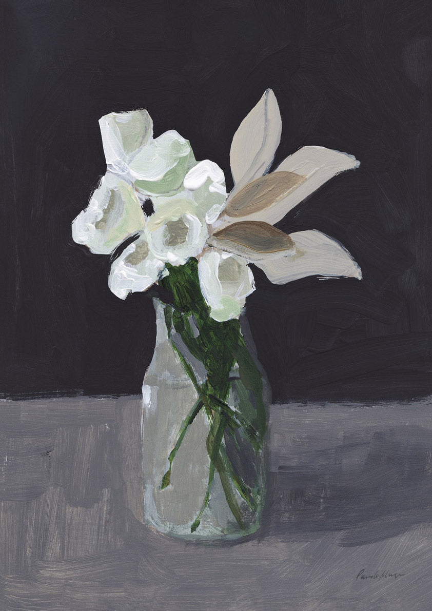 Painting of white flowers in a glass bottle against a dark background on a grey table
