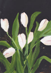 Painting of white tulips with pink edges and green leaves on a black background