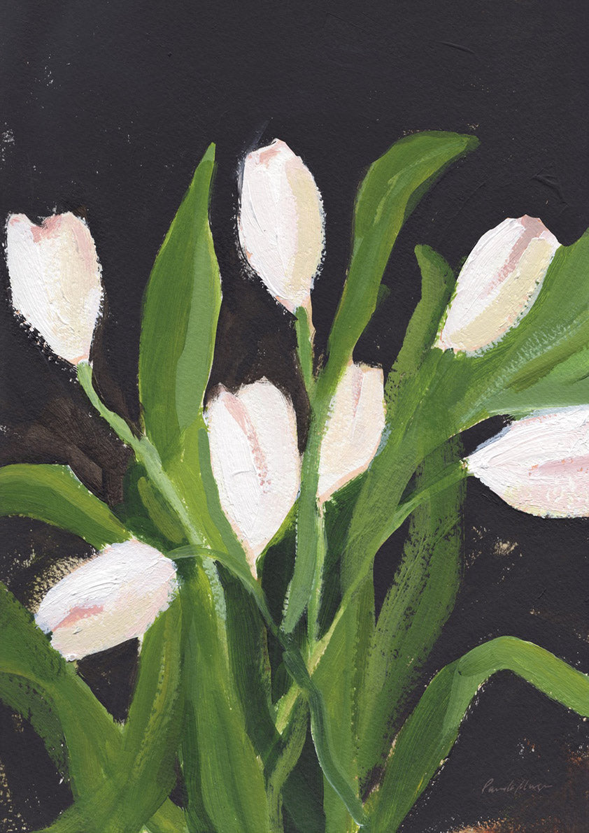 Painting of white tulips with pink edges and green leaves on a black background