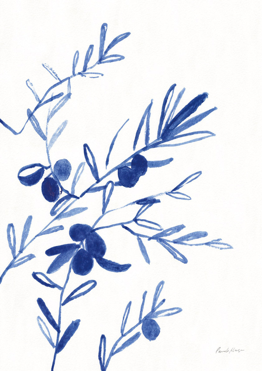 Watercolour olive branch painted in blue tones on a white background