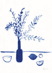 Blue watercolour still life of olive branches in a bottle vase with lemon and bowl