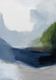 Abstract landscape painting with grey sky, navy water and green foliage