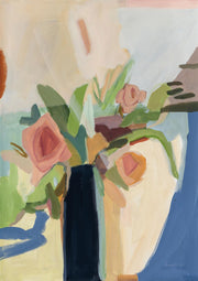 Abstract painting of pink roses in a black vase with green foliage and soft pastel background
