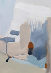Abstract painting with soft blue, taupe and grey planes and small rust accents